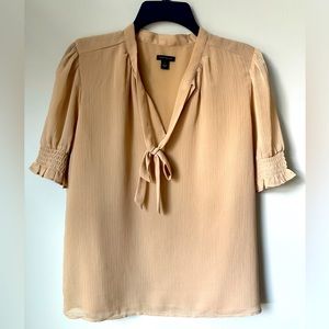 Ann Taylor beige tie neck short-sleeve blouse, Small